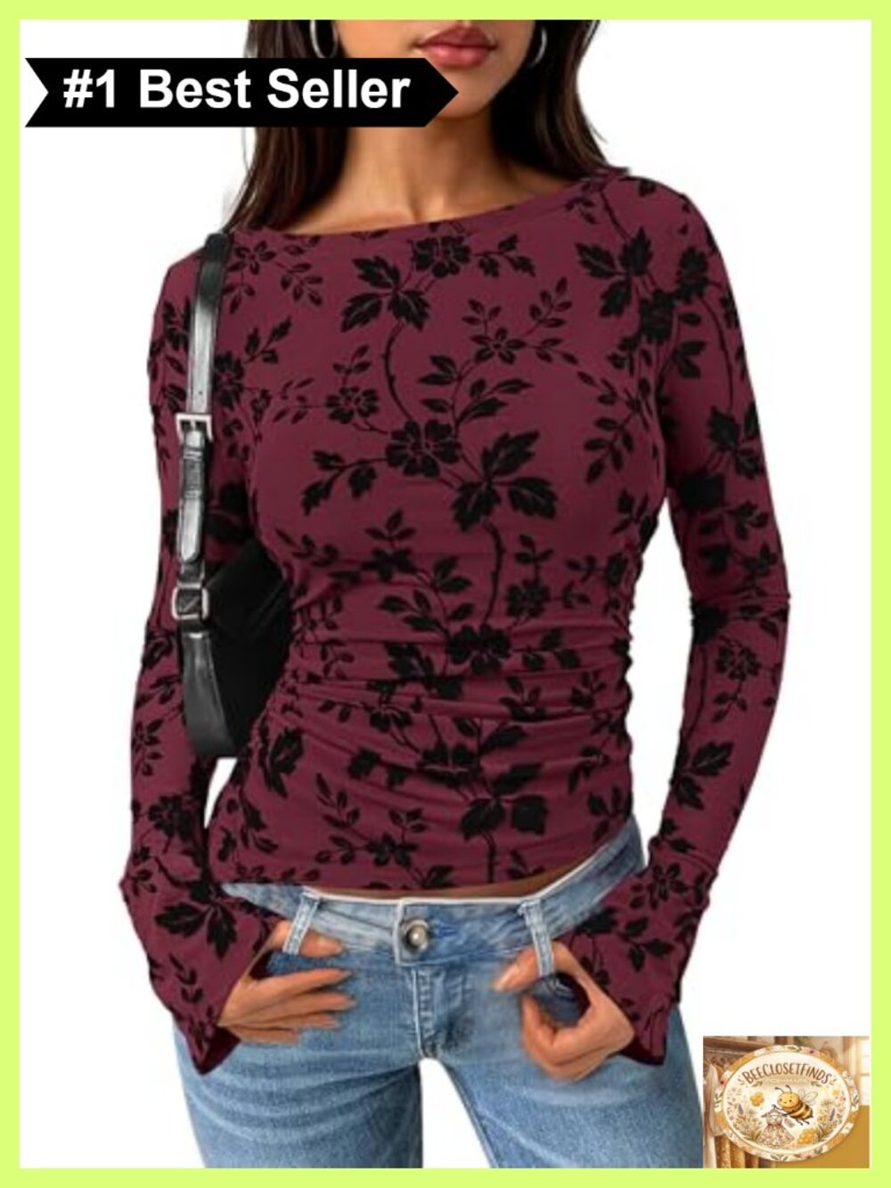 Women's Bell Sleeve Mesh Blouse Boat Neck Ruched Floral Pullover Top